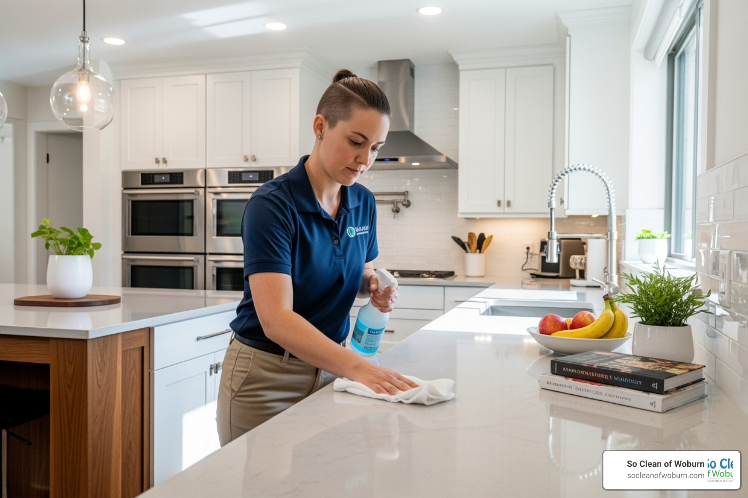 A cleaner wiping down a kitchen counter in a modern kitchen. - 2 bedroom flat cleaning price A cleaner wiping down a kitchen counter in a modern kitchen. - 2 bedroom flat cleaning price