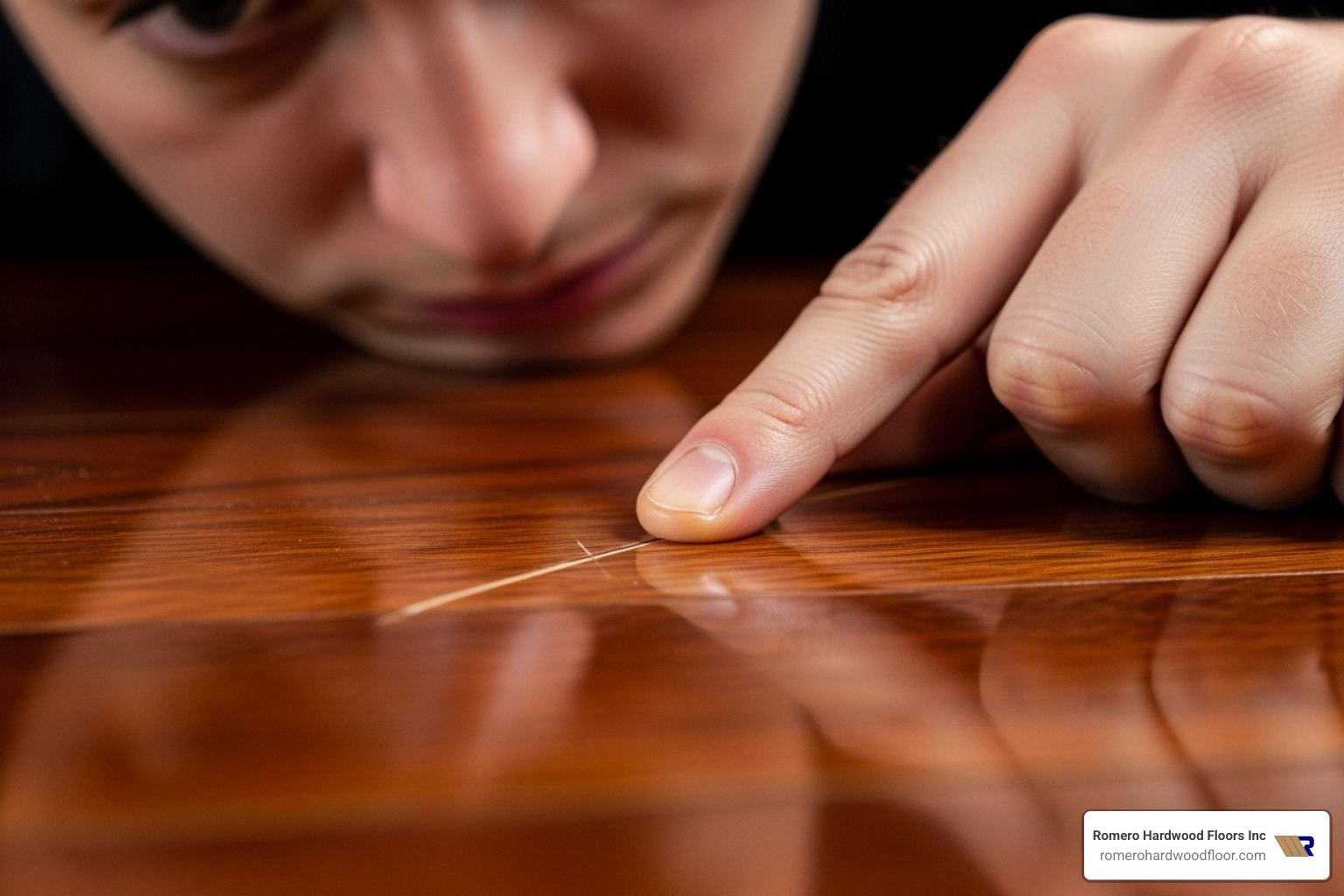 person closely inspecting a scratch on a hardwood floor - Hardwood floor scratch remover person closely inspecting a scratch on a hardwood floor - Hardwood floor scratch remover