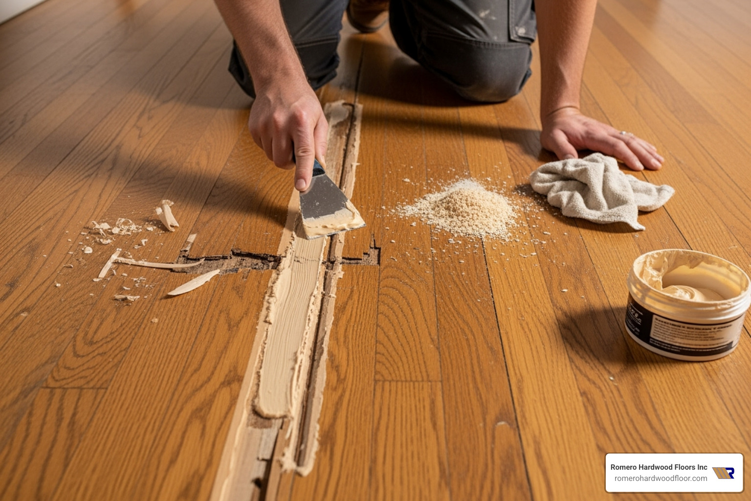 person carefully applying wood filler to a deep gouge with a putty knife - Hardwood floor scratch remover person carefully applying wood filler to a deep gouge with a putty knife - Hardwood floor scratch remover