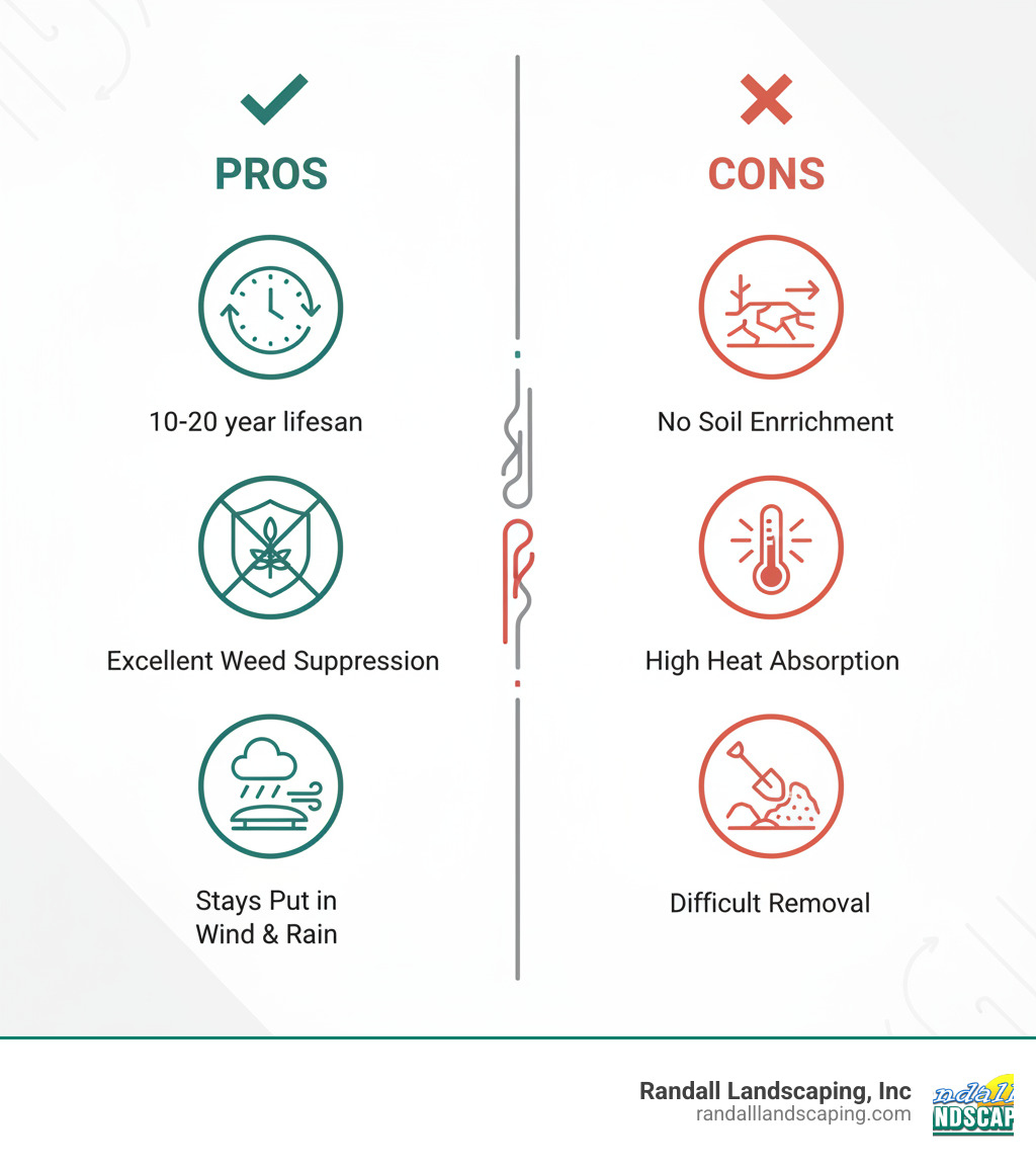 Infographic comparing rubber mulch benefits and drawbacks: Pros include 10-20 year lifespan, excellent weed suppression, and stays put in wind and rain; Cons include no soil enrichment, high heat absorption in summer, and difficult removal if you change your mind - rubber mulch for flower beds infographic 