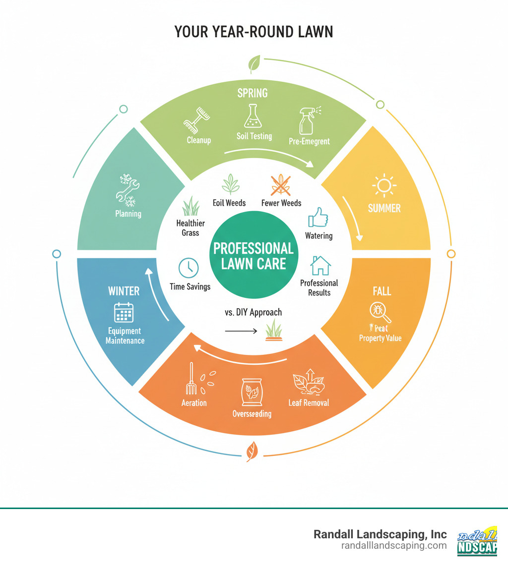 Infographic showing the progression of lawn care through four seasons: Spring (cleanup, soil testing, pre-emergent application), Summer (regular mowing, watering, pest monitoring), Fall (aeration, overseeding, fertilization, leaf removal), and Winter (equipment maintenance, planning). Center circle highlights key benefits: healthier grass, fewer weeds, time savings, professional results, and increased property value compared to DIY approach. - professional lawn care near me infographic 