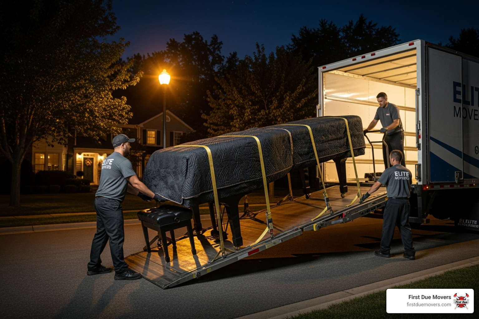 A large, professionally wrapped piano being loaded onto a moving truck - 24/7 furniture & large item moves service in issaquah wa