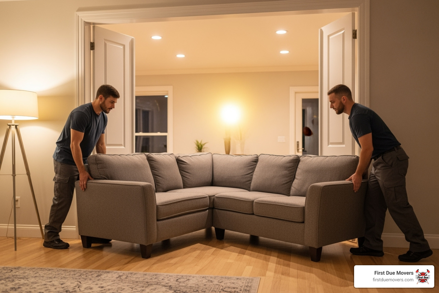 Movers carefully navigating a large sofa through a doorway in a well-lit home at night - 24/7 furniture & large item moves service in issaquah wa