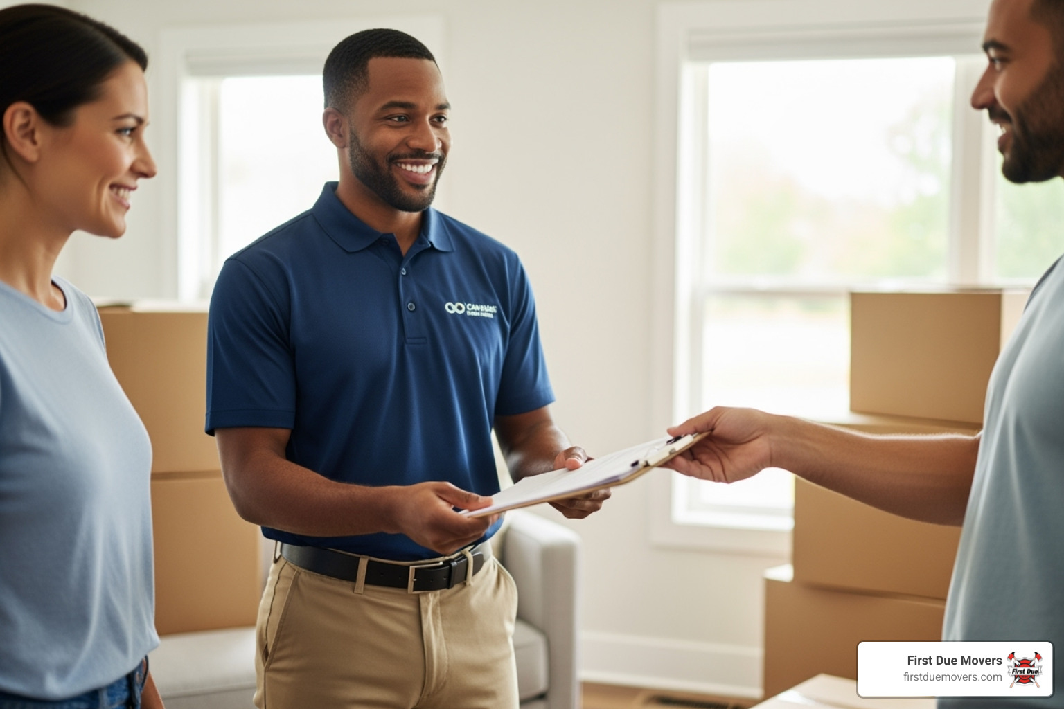 Friendly mover in uniform handing a clipboard to a smiling customer - 24/7 furniture & large item moves service in issaquah wa
