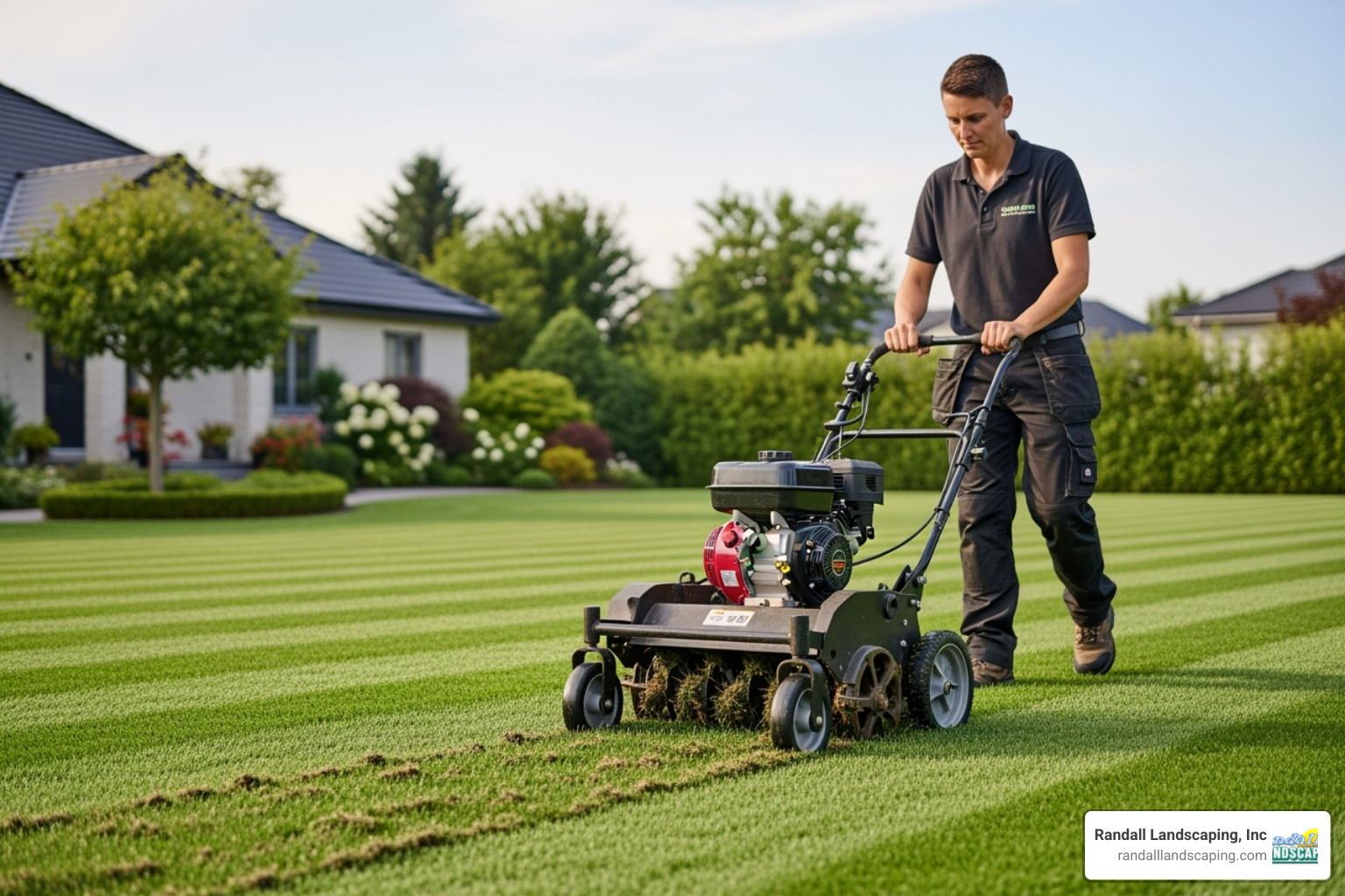 Lawn care professional aerating a lawn - professional lawn care near me