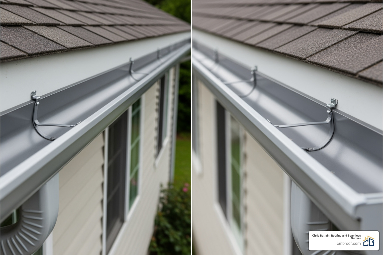 Comparison between a seamless gutter run and a sectional gutter run with visible seams - best gutter materials