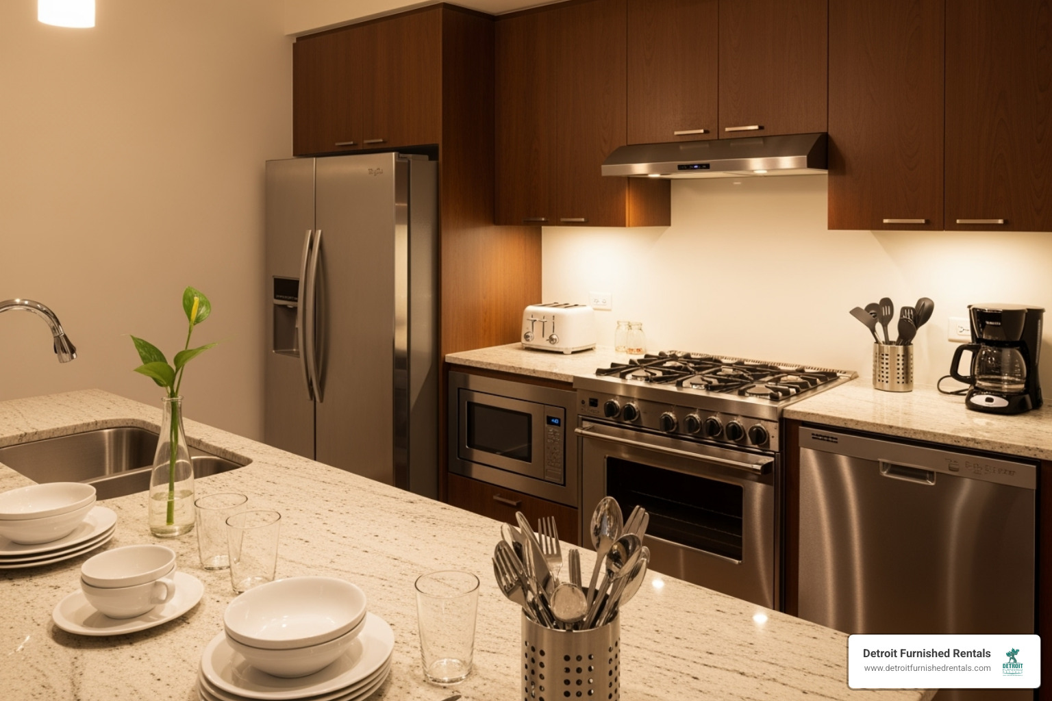 A fully equipped kitchen in a modern furnished apartment, showing appliances, countertops, and basic kitchenware. - furnished apartments Michigan