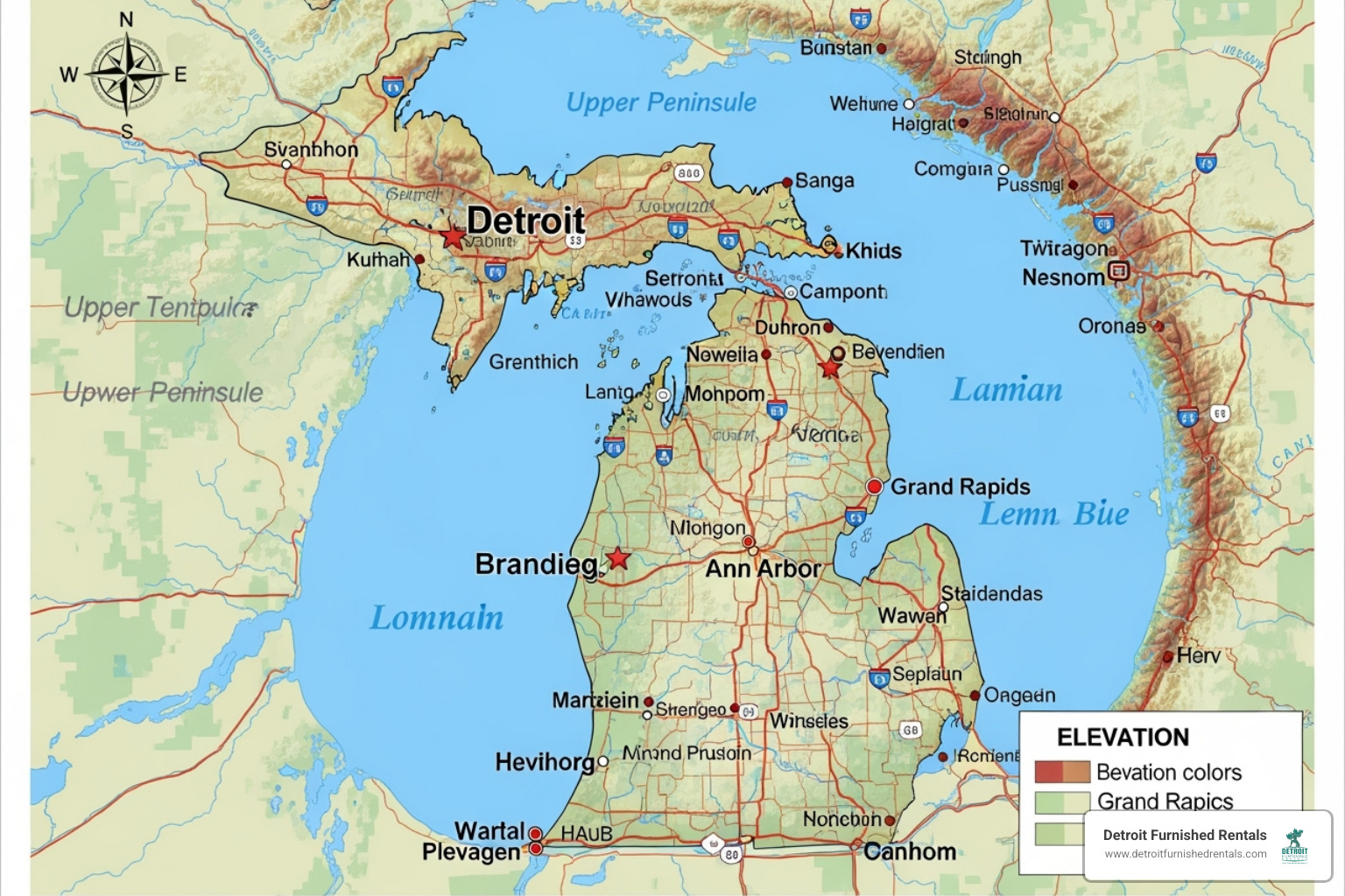 Map of Michigan highlighting key cities like Detroit, Ann Arbor, and Grand Rapids, where furnished apartments are commonly found. - furnished apartments Michigan