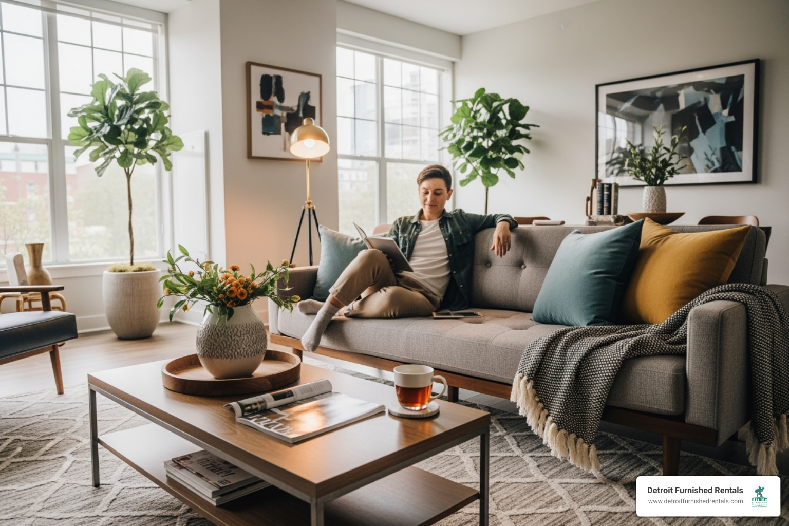 A person relaxing on a couch in a modern, well-lit furnished apartment, showcasing comfort and style. - furnished apartments Michigan