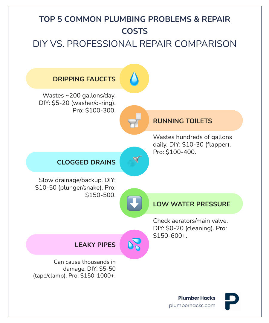Detailed infographic showing the top 5 most common household plumbing problems (dripping faucets, running toilets, clogged drains, low water pressure, and leaky pipes) with side-by-side comparison of average DIY repair costs versus professional plumber costs for each issue - plumbing problem troubleshooting infographic infographic-line-5-steps-colors