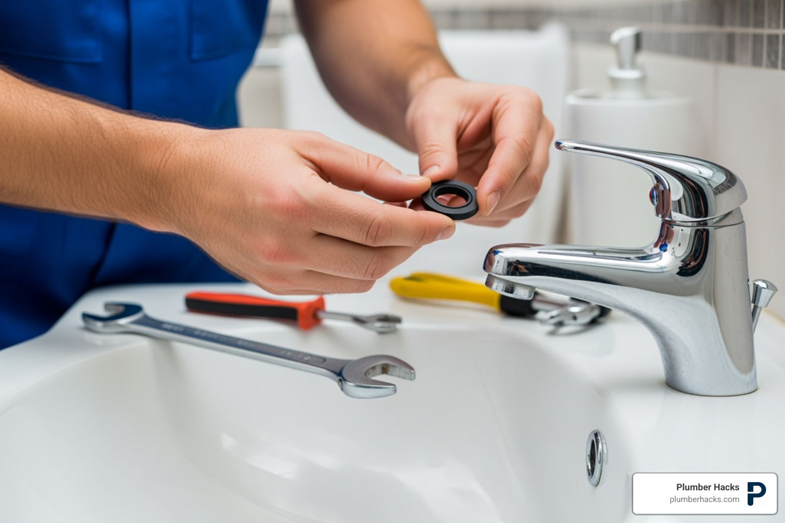 person replacing faucet washer - plumbing problem troubleshooting