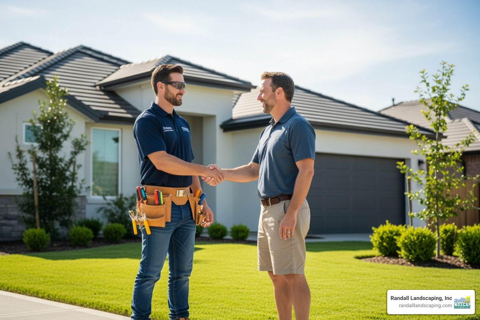 A contractor and homeowner shaking hands in front of a house, symbolizing a new maintenance agreement. - residential property maintenance contract A contractor and homeowner shaking hands in front of a house, symbolizing a new maintenance agreement. - residential property maintenance contract