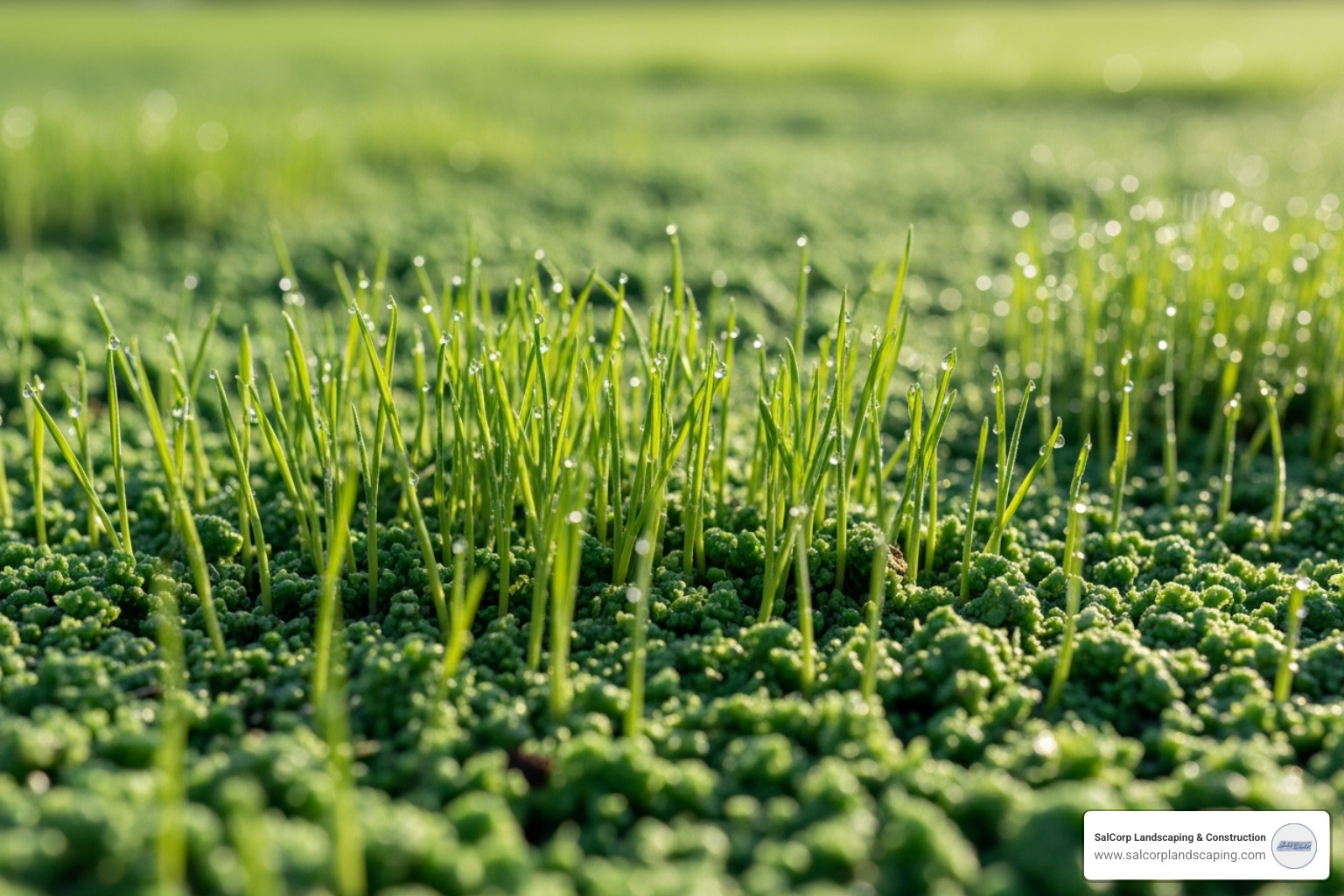 close-up showing new grass sprouts growing through the green hydroseed mulch - companies that hydroseed