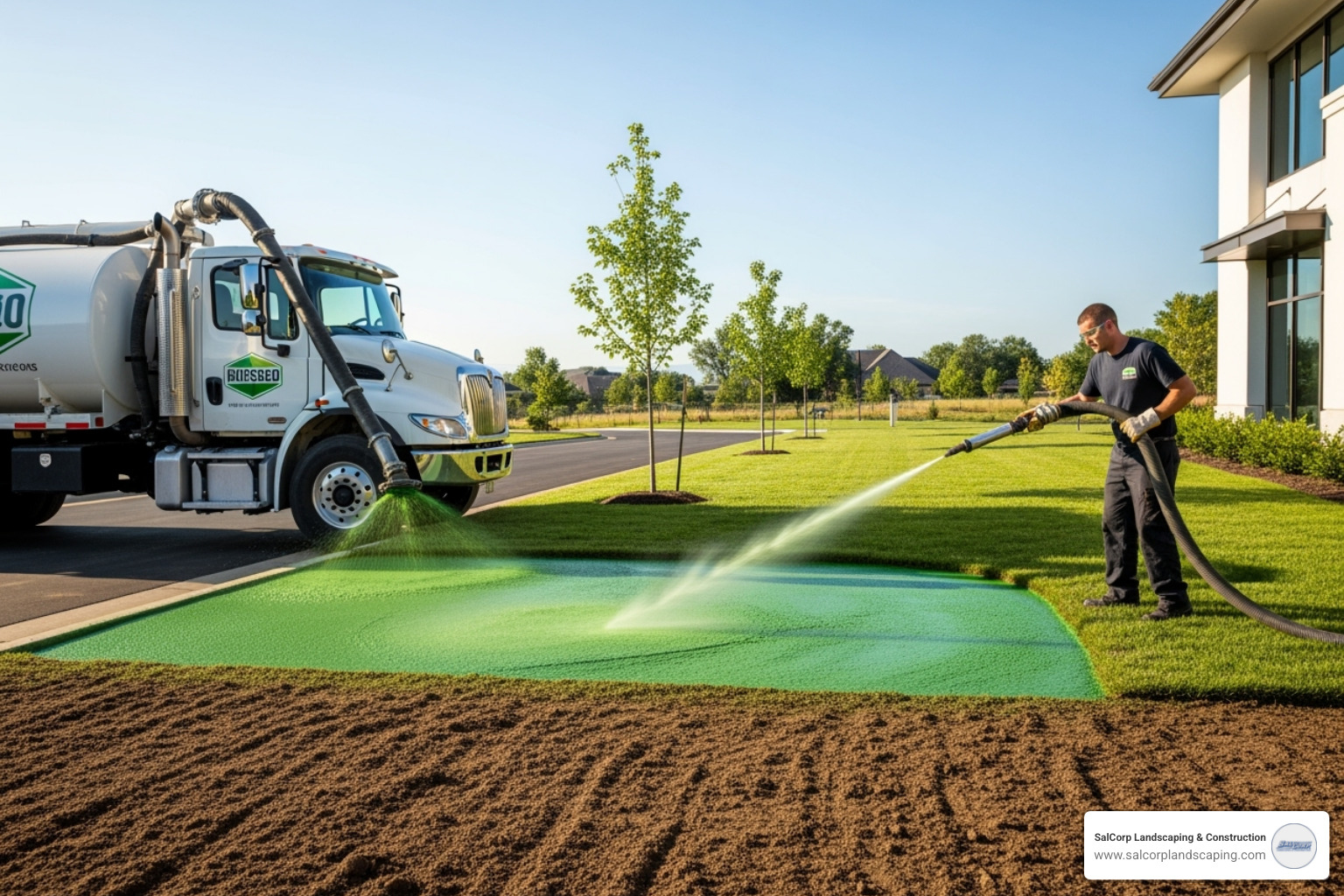 a hydroseeding truck spraying a slurry onto prepared soil - companies that hydroseed
