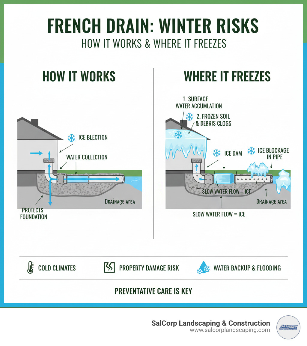Infographic explaining how a French drain works and key points where it can freeze - french drain frozen infographic Infographic explaining how a French drain works and key points where it can freeze - french drain frozen infographic