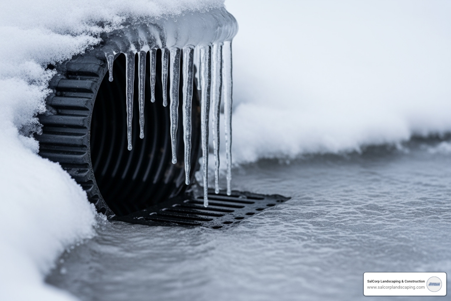 Frozen drain outlet with icicles - french drain frozen Frozen drain outlet with icicles - french drain frozen