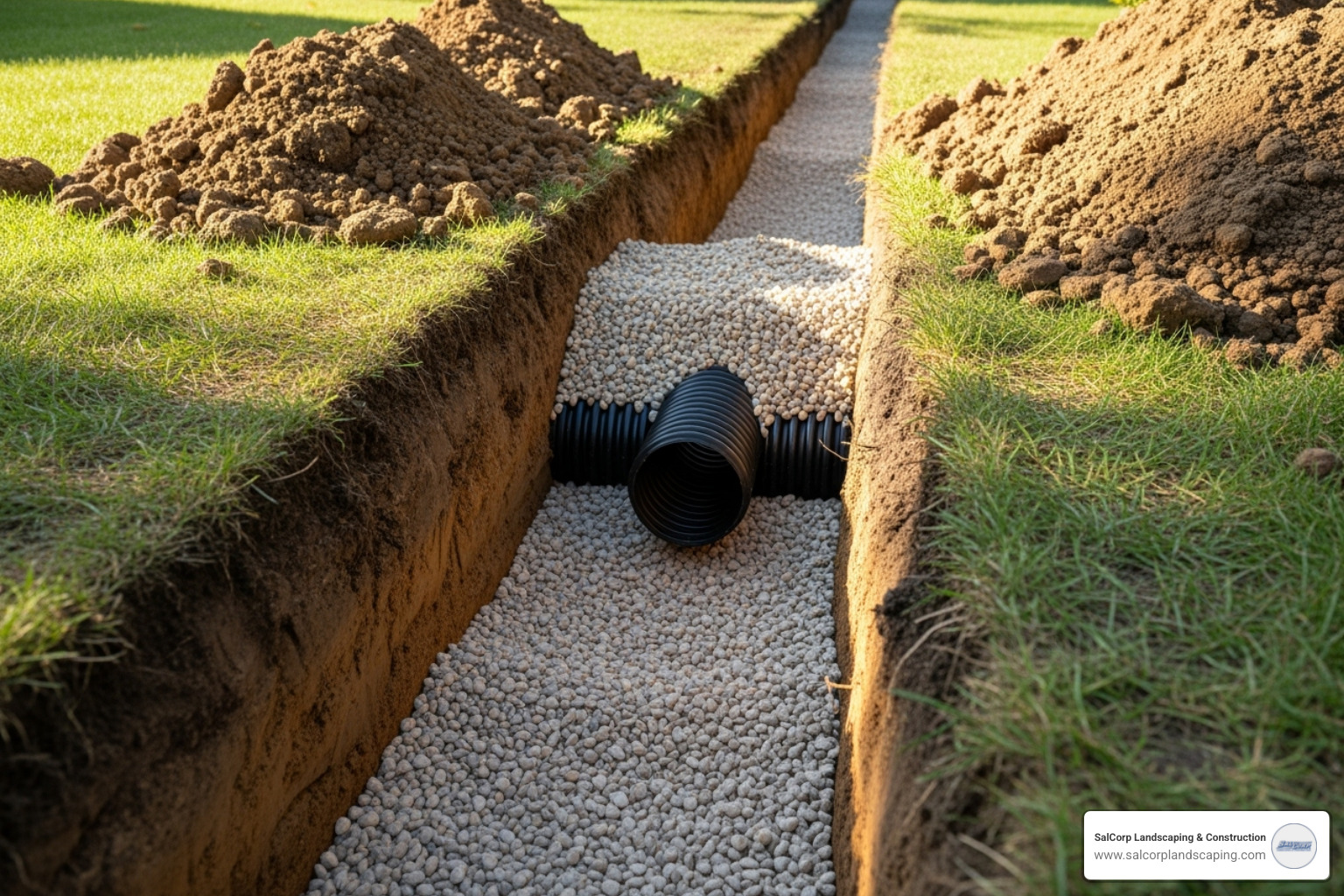 Properly installed French drain trench showing slope and gravel - french drain frozen Properly installed French drain trench showing slope and gravel - french drain frozen