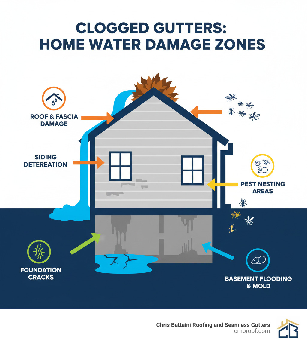 Infographic showing a home cross-section with clogged gutters causing water damage to the roof, fascia, siding, foundation, and basement, with labels indicating overflow points, pest nesting areas, and structural damage zones - gutter cleaning frequency infographic 