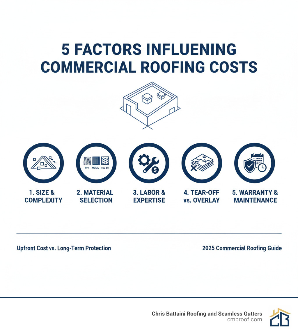 Infographic showing the top 5 factors that influence commercial roofing costs: 1. Roof size and complexity (including slope, penetrations, and architectural features), 2. Material selection (TPO, PVC, EPDM, metal, BUR, modified bitumen with varying lifespans and costs), 3. Labor rates and contractor expertise (regional variations and project duration), 4. Tear-off versus overlay decision (disposal fees and building code requirements), 5. Warranty length and maintenance plans (upfront cost versus long-term protection) - Commercial roofing cost infographic 