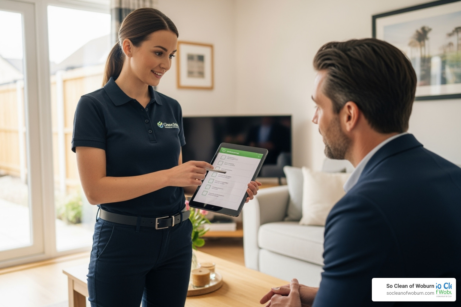 a friendly cleaner in uniform discussing a checklist with a homeowner - Bi weekly maid service
