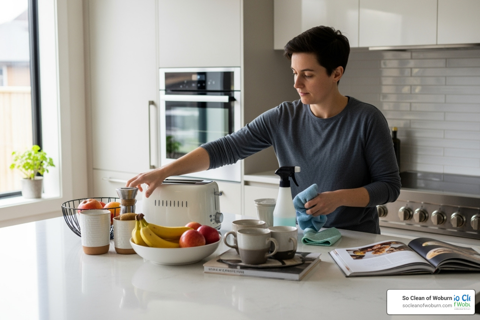 a person tidying clutter from a kitchen counter before a cleaner arrives - Bi weekly maid service