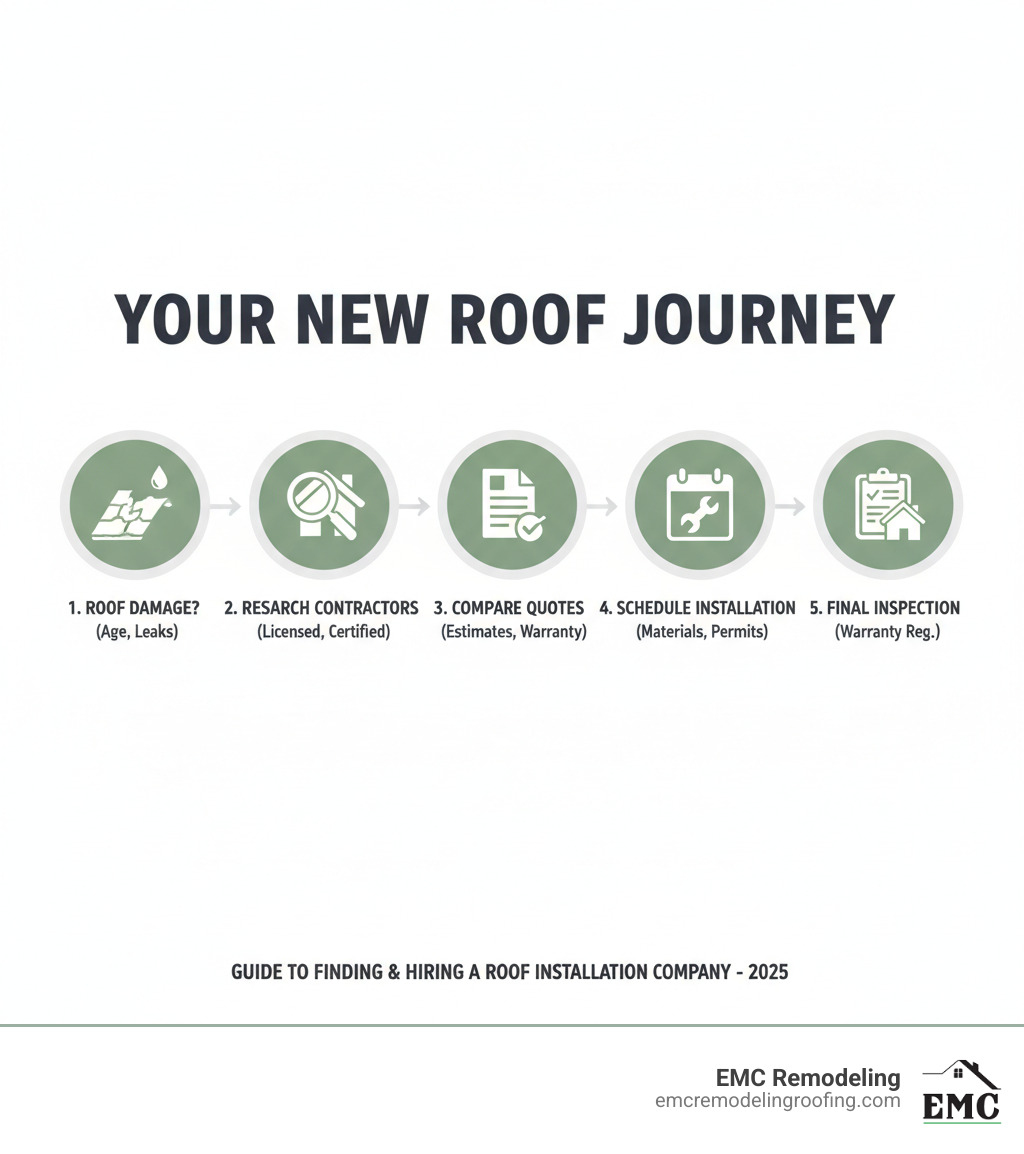 Infographic showing the process of finding and hiring a roof installation company: Step 1 - Identify signs of roof damage (age, curling shingles, leaks); Step 2 - Research local contractors with proper credentials; Step 3 - Compare estimates and warranties; Step 4 - Schedule installation; Step 5 - Complete final inspection and warranty registration - roof installation company near me infographic 