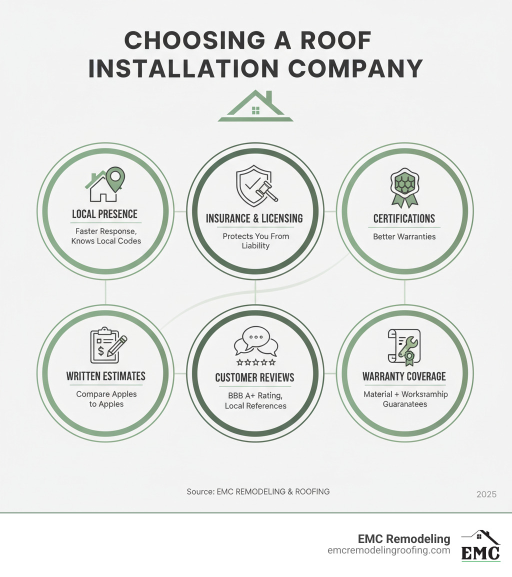 Detailed infographic showing key factors when choosing a roof installation company near you: Local Presence (faster response, knows local codes), Proper Insurance & Licensing (protects you from liability), Manufacturer Certifications (GAF Master Elite, better warranties), Written Estimates (compare apples to apples), Customer Reviews (BBB A+ rating, local references), and Warranty Coverage (material + workmanship guarantees) - roof installation company near me infographic 