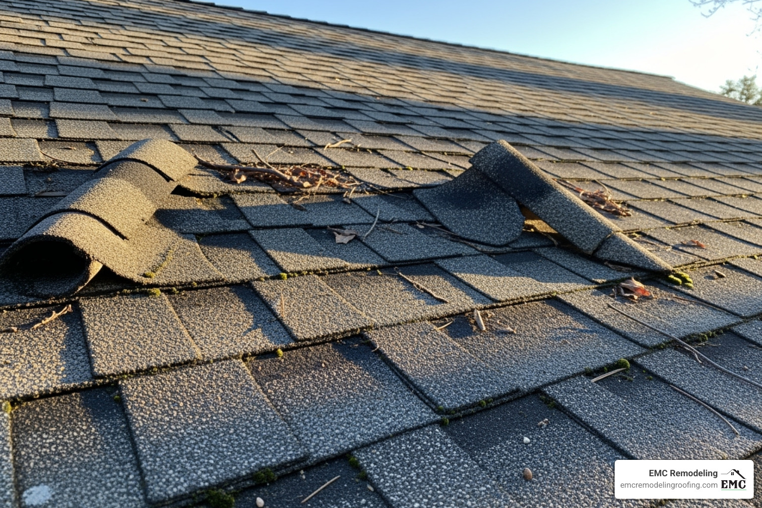 A close-up image of an old asphalt shingle roof showing signs of curling, buckling, and missing granules, indicating wear and tear. - roof installation company near me