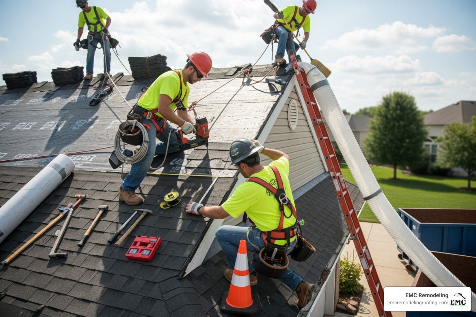 A professional roofing crew working safely on a residential roof, with safety harnesses and tools visible, ensuring a secure and efficient installation. - roof installation company near me