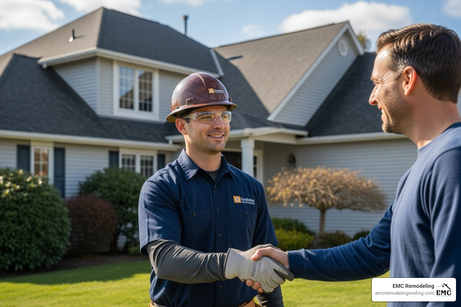 A professional roofer in safety gear shaking hands with a homeowner in front of a newly installed roof, symbolizing trust and a successful project. - roof installation company near me