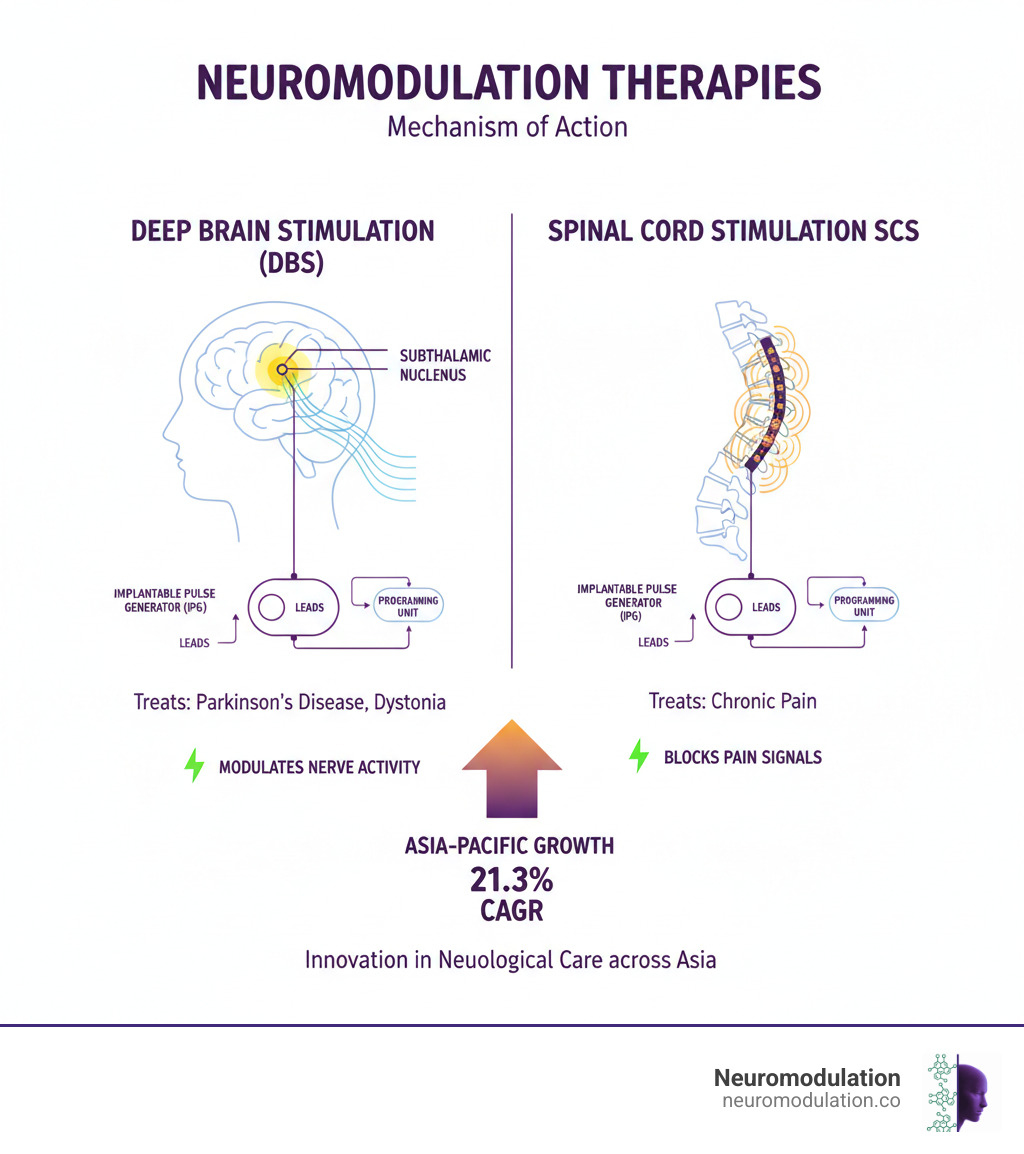 Comprehensive infographic showing the mechanism of neuromodulation therapies including Deep Brain Stimulation DBS with electrodes placed in specific brain regions like the subthalamic nucleus and Spinal Cord Stimulation SCS with leads positioned along the spinal cord, illustrating how electrical impulses modulate nerve activity to treat conditions like Parkinsons disease and chronic pain, with clear labels for device components including implantable pulse generator battery leads and programming unit - neuromodulation Asia infographic 