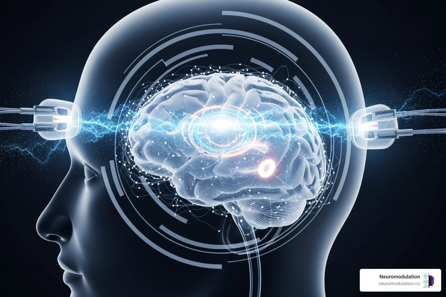 Futuristic representation of advanced neuromodulation technology interacting with the brain - neuromodulation Asia