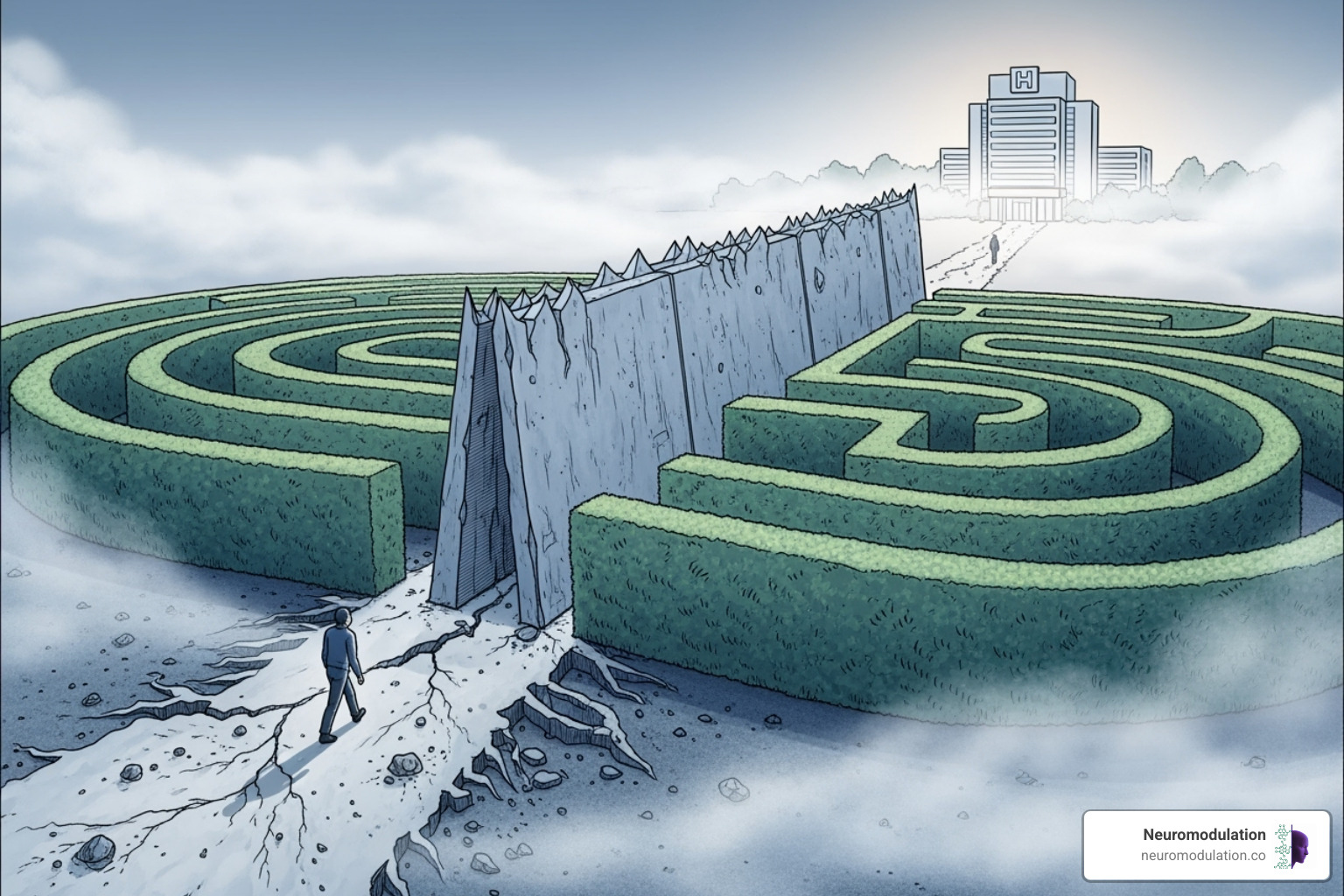 Conceptual illustration of barriers to healthcare access including cost awareness and infrastructure - neuromodulation Asia