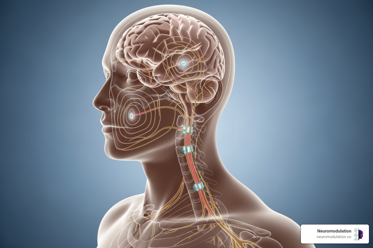 Diagram illustrating various neuromodulation devices like DBS SCS and VNS and their target areas in the body - neuromodulation Asia