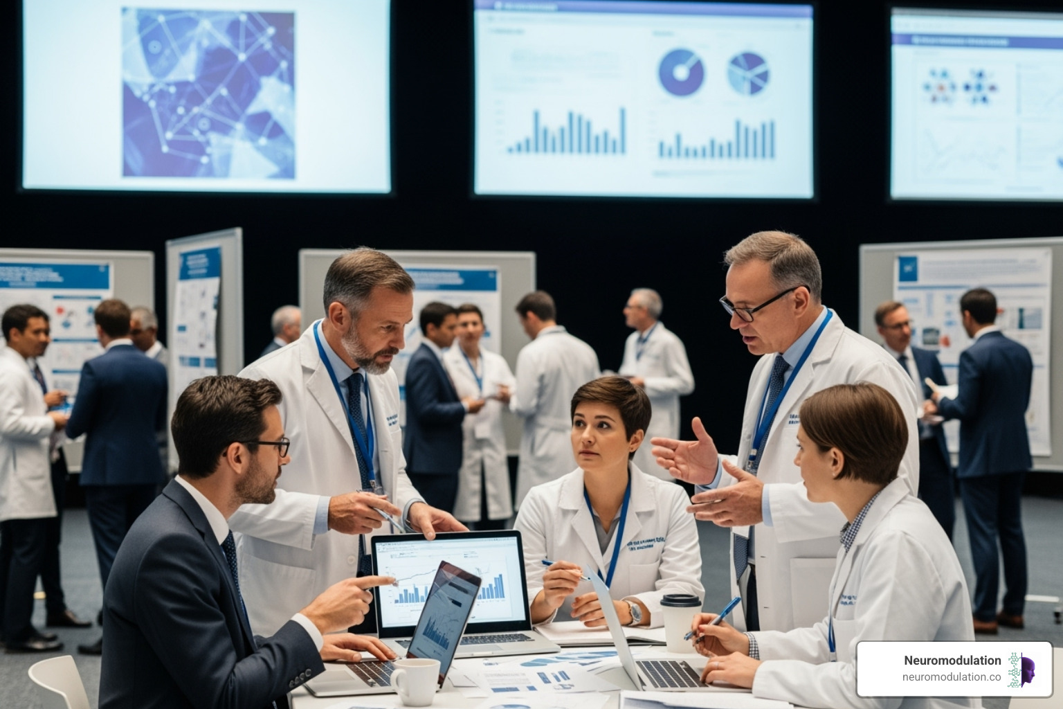 Illustration of medical professionals collaborating at a conference sharing research and knowledge - neuromodulation Asia