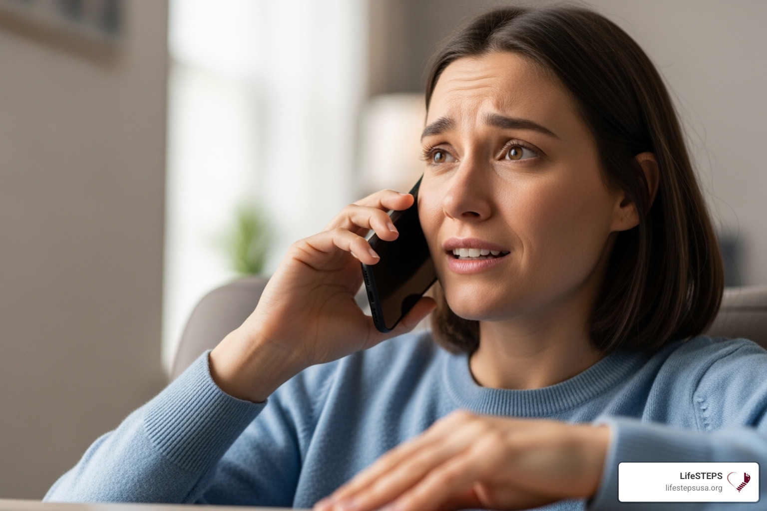 person on the phone with a support worker, looking relieved - rental assistance with eviction notice