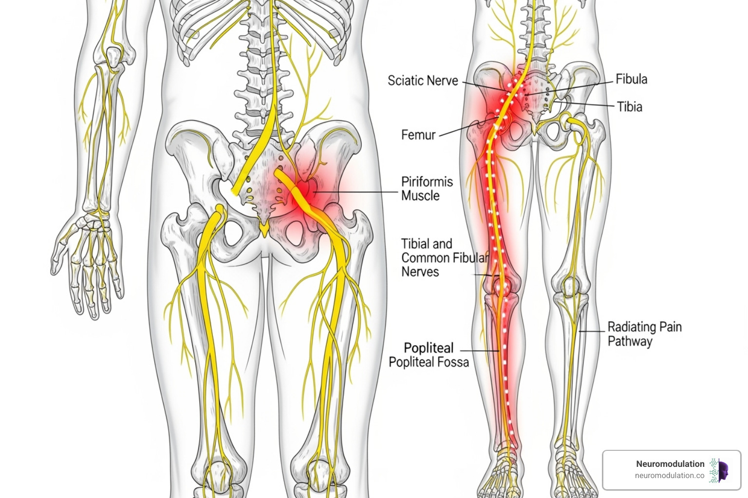 Illustration of radiating leg pain (sciatica) along the sciatic nerve pathway - laminectomy definition