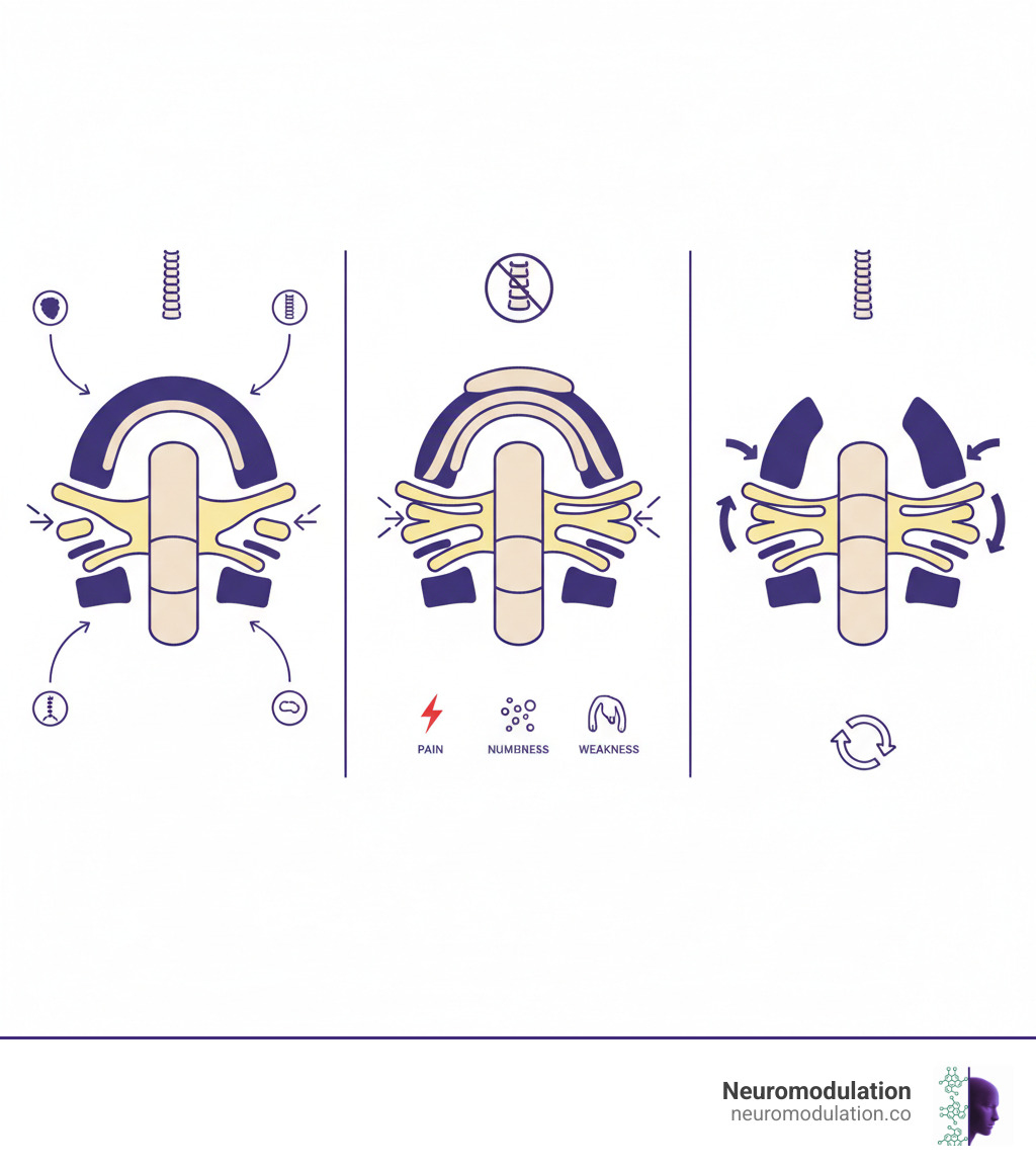 Detailed infographic showing: 1) Normal spinal anatomy with vertebra, lamina, spinal cord, and nerve roots labeled; 2) Narrowed spinal canal with compressed nerves causing pain, numbness, and weakness; 3) Post-laminectomy anatomy showing removed lamina and decompressed nerves with increased space in spinal canal; arrows indicating pressure relief and improved nerve function - laminectomy definition infographic 