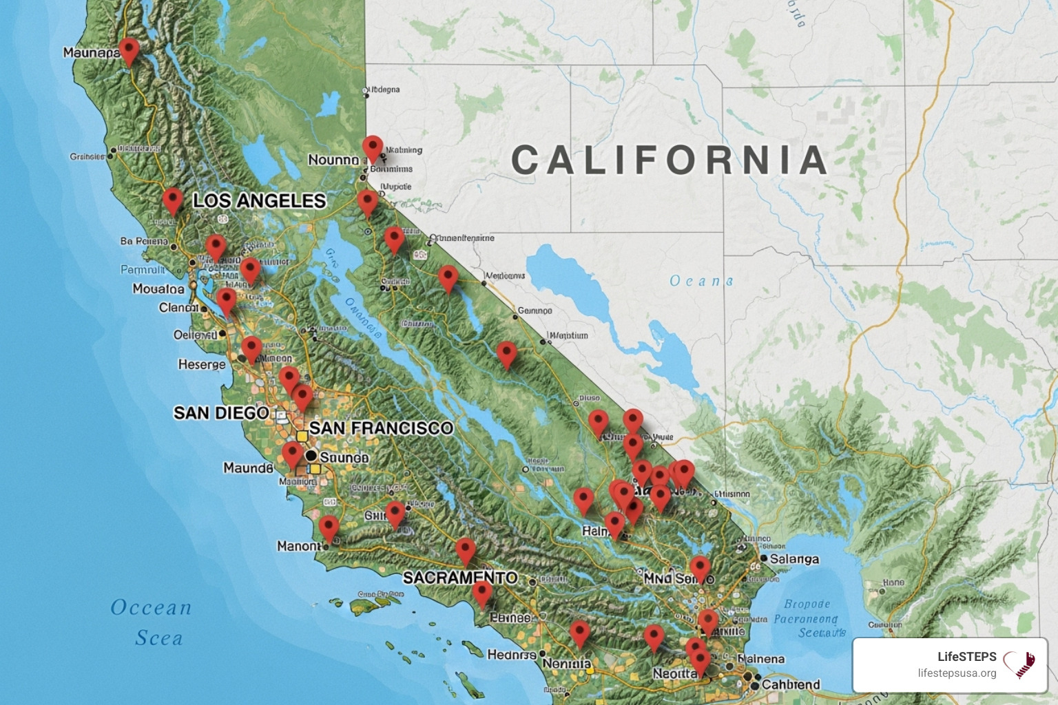 Map of California with pins indicating different housing locations - Affordable senior housing list