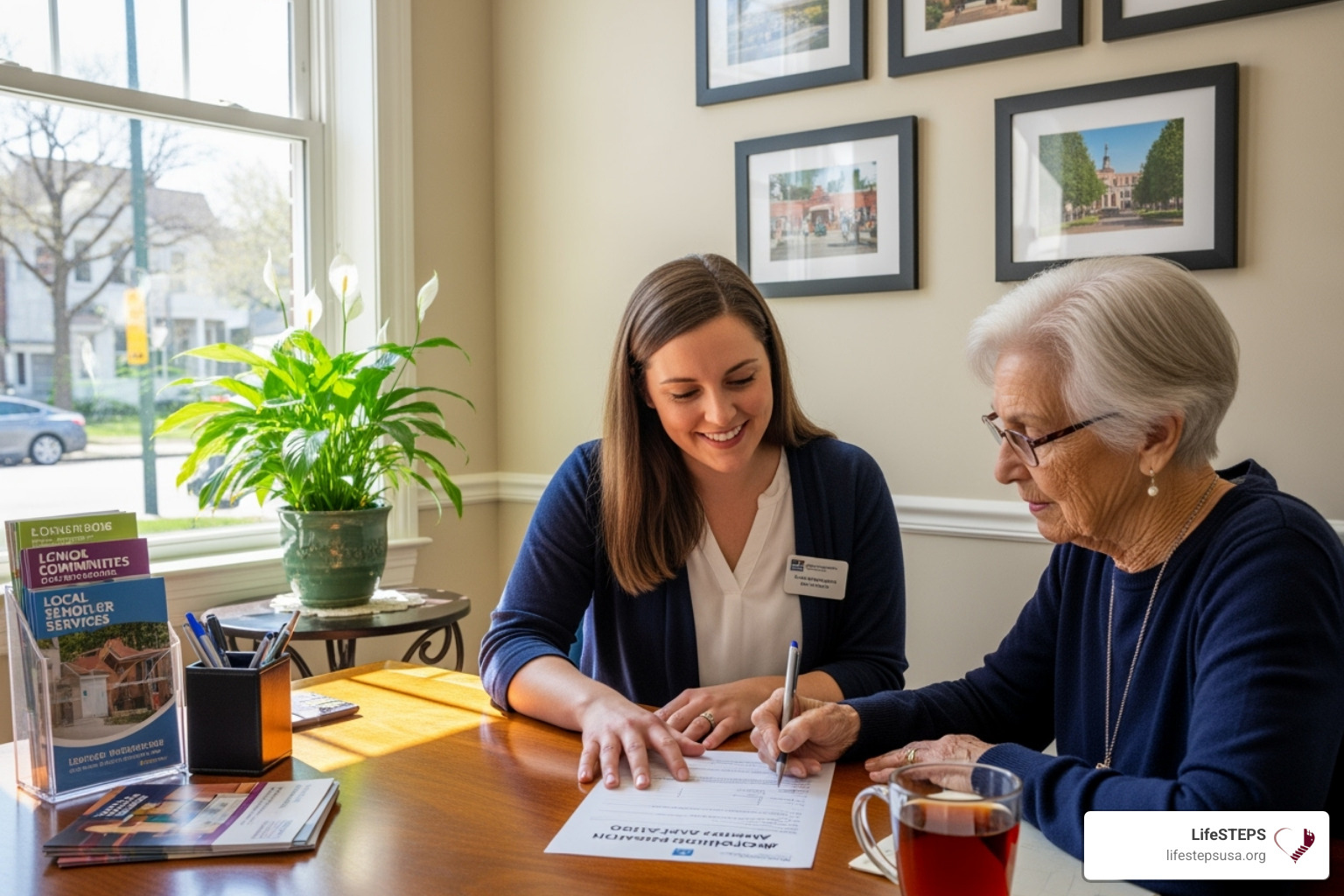 Friendly housing coordinator helping a senior fill out an application form - Affordable senior housing list