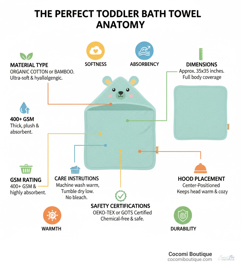 Infographic showing the anatomy of the perfect toddler bath towel with labeled sections for material type, GSM rating, dimensions, hood placement, safety certifications, and care instructions, with icons representing softness, absorbency, warmth, and durability - best toddler bath towel infographic Infographic showing the anatomy of the perfect toddler bath towel with labeled sections for material type, GSM rating, dimensions, hood placement, safety certifications, and care instructions, with icons representing softness, absorbency, warmth, and durability - best toddler bath towel infographic
