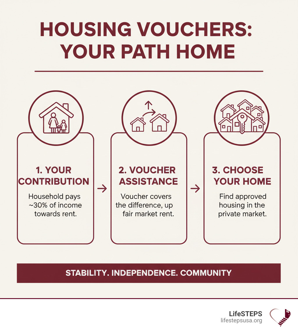 Infographic showing how housing vouchers work: household pays 30% of income toward rent, voucher covers the difference up to fair market rent, family chooses approved housing in private market - vouchers for single mothers infographic 