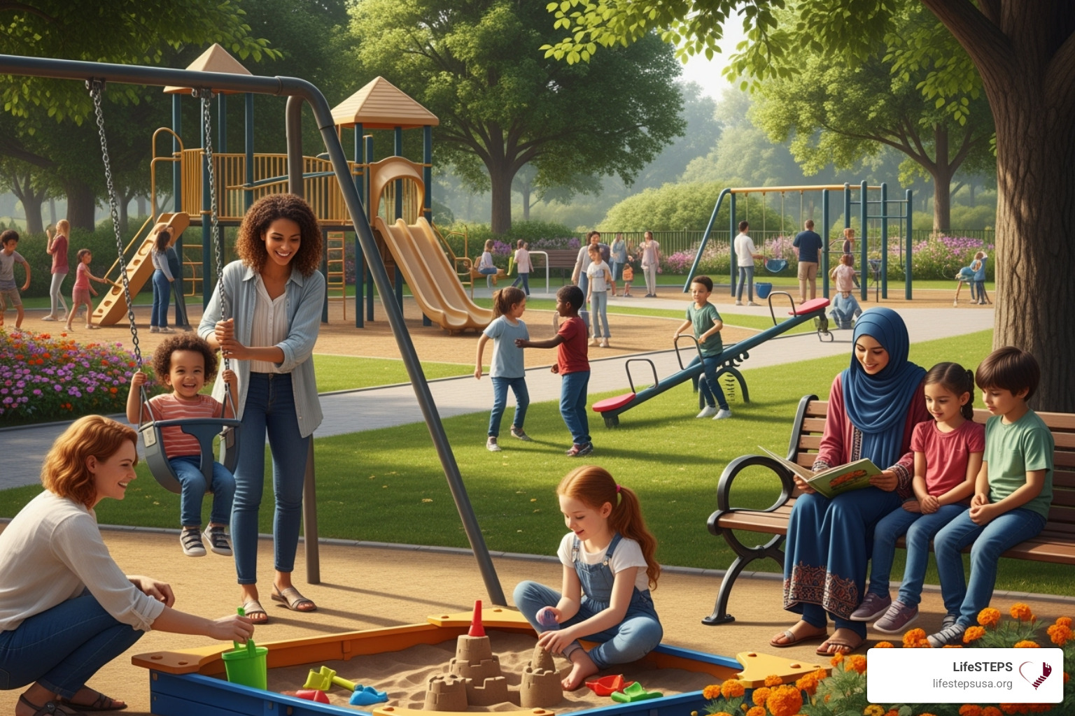 diverse group of mothers and children in a community setting - vouchers for single mothers