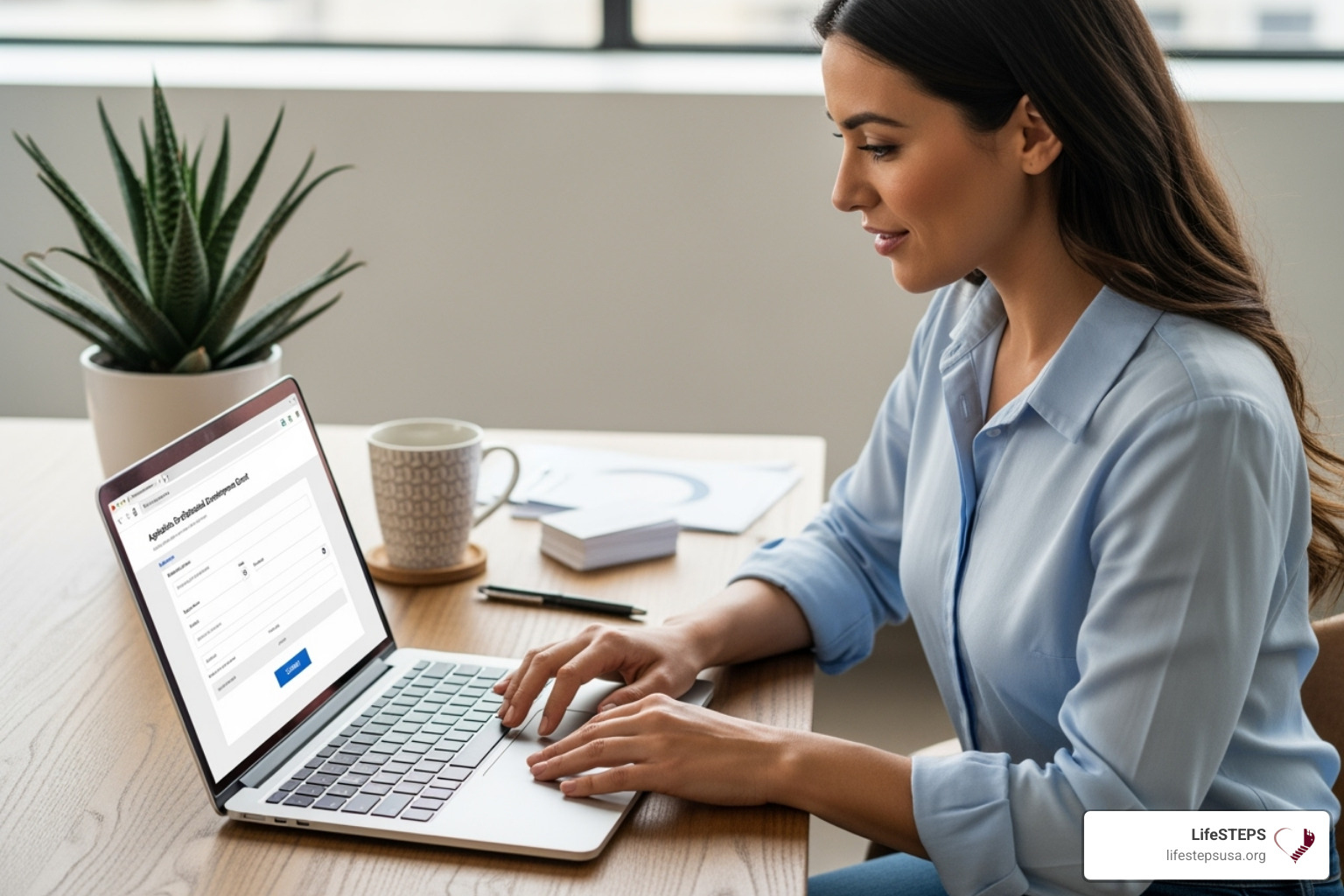 woman confidently using a laptop to fill out an online form - vouchers for single mothers