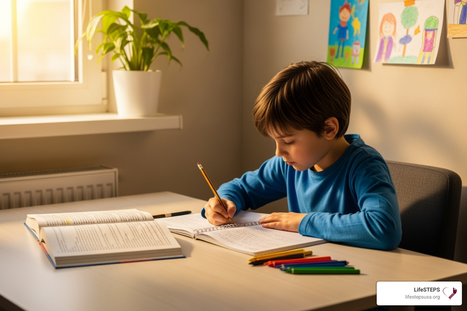 child doing homework at a desk in a clean, well-lit room - vouchers for single mothers