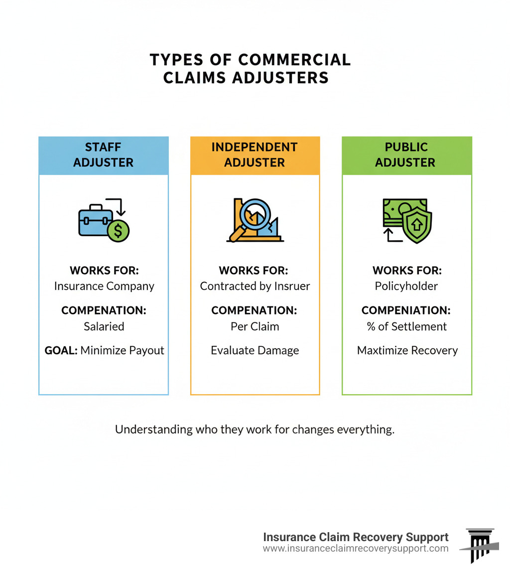 Infographic showing three types of adjusters: Staff Adjuster (works for insurance company, salaried, goal is to minimize payout), Independent Adjuster (contracted by insurance company, paid per claim, evaluates damage), and Public Adjuster (hired by policyholder, paid percentage of settlement, maximizes recovery) - commercial claims adjuster infographic Infographic showing three types of adjusters: Staff Adjuster (works for insurance company, salaried, goal is to minimize payout), Independent Adjuster (contracted by insurance company, paid per claim, evaluates damage), and Public Adjuster (hired by policyholder, paid percentage of settlement, maximizes recovery) - commercial claims adjuster infographic