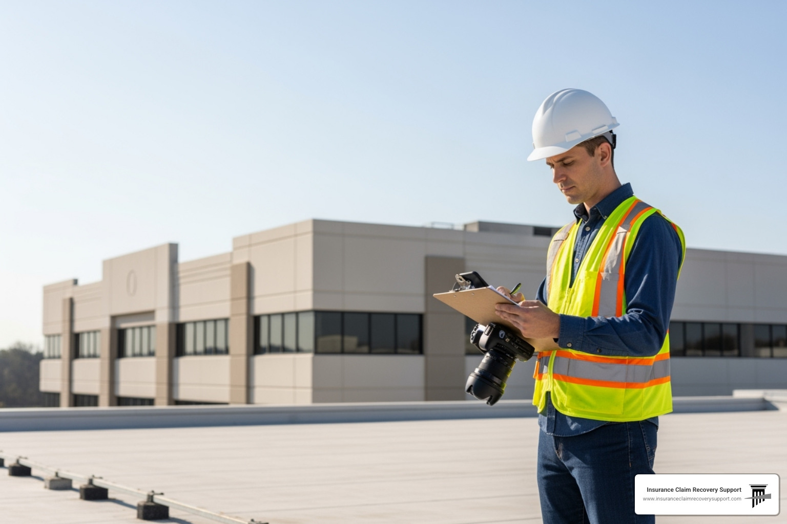 Adjuster on a commercial roof taking notes and photos - commercial claims adjuster Adjuster on a commercial roof taking notes and photos - commercial claims adjuster