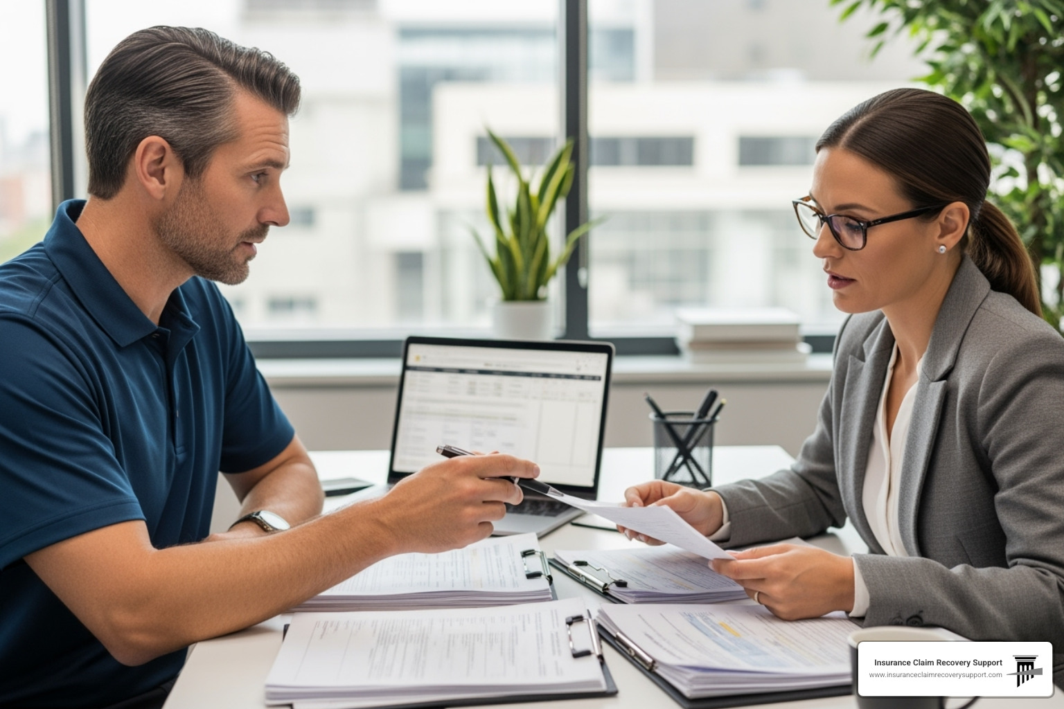 Business owner reviewing documents with a public adjuster in an office setting - commercial claims adjuster Business owner reviewing documents with a public adjuster in an office setting - commercial claims adjuster