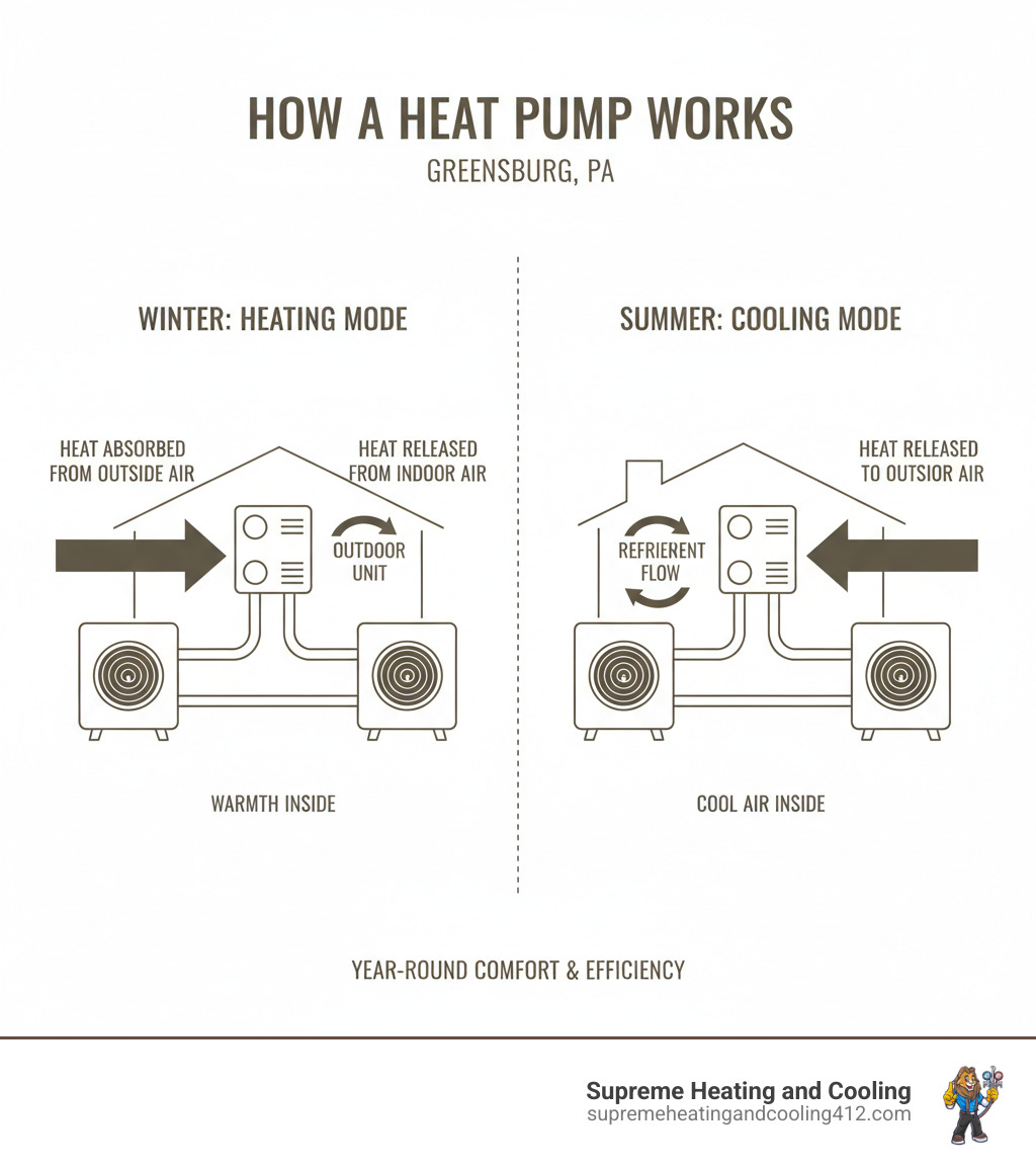 Infographic showing how a heat pump works in both heating and cooling modes, with labeled components including outdoor unit, indoor unit, refrigerant flow direction in winter vs summer, and arrows indicating heat transfer from outside air to inside during heating season and reverse flow during cooling season - heat pump inspection in greensburg, pa infographic 