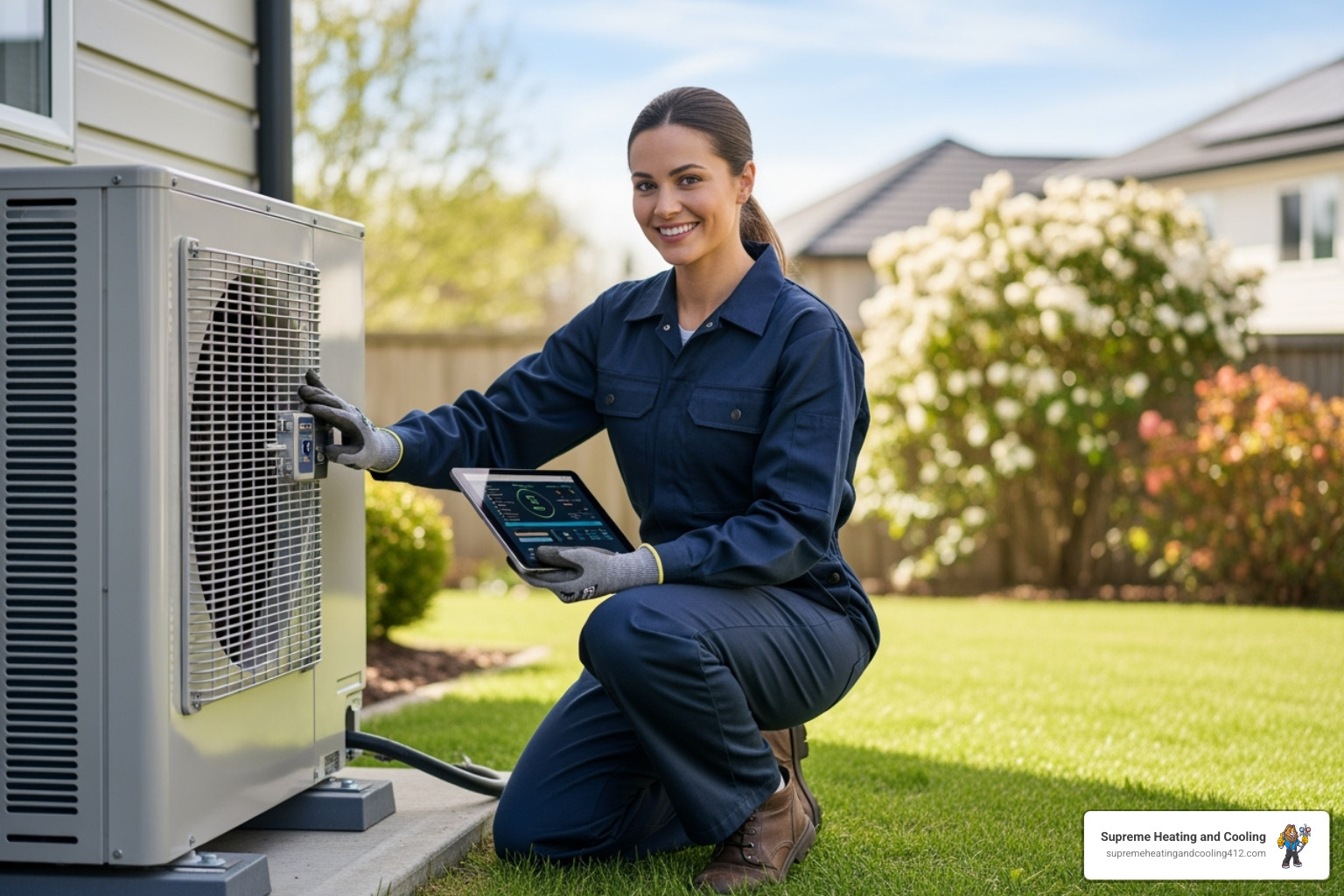 A technician smiling while inspecting an outdoor heat pump unit - heat pump inspection in greensburg, pa